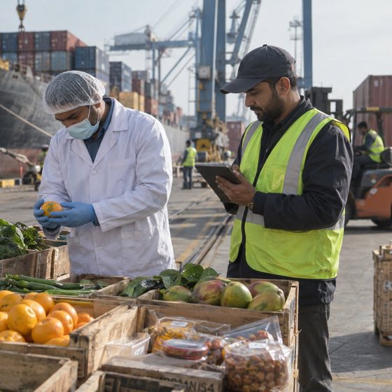 Food safety inspector examining citrus at a Pakistani port while a customs official records the consignment on a tablet