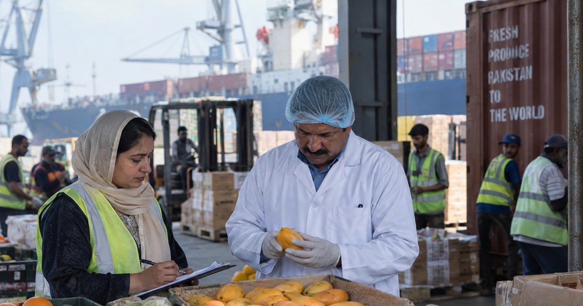 Inspectors checking a mango consignment beside a container marked Fresh Produce Pakistan to the World