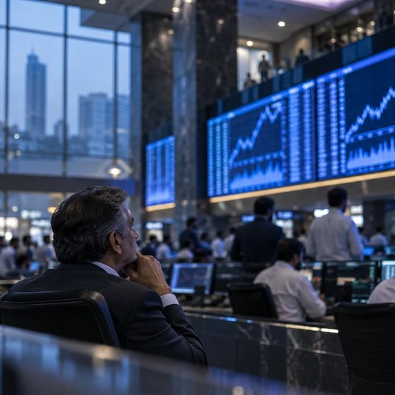 Traders watching market data screens in a stock exchange trading hall in Karachi