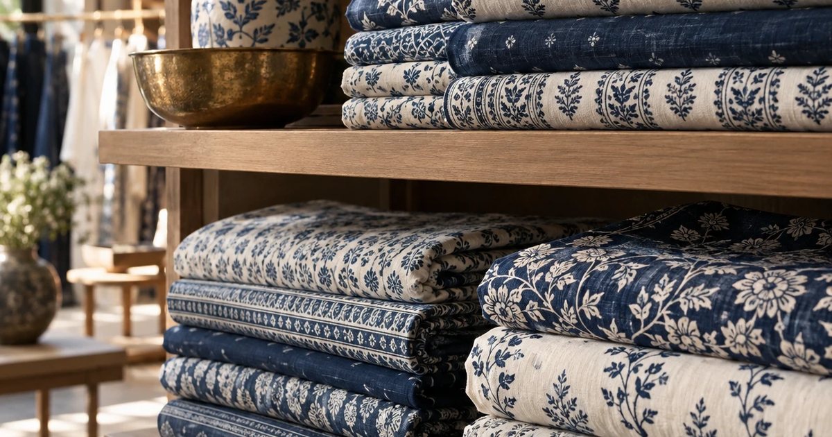 Block-printed indigo and white fabrics folded on wooden shelves in a fashion boutique